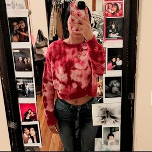 Red and White Tie-Dye Cropped Sweater